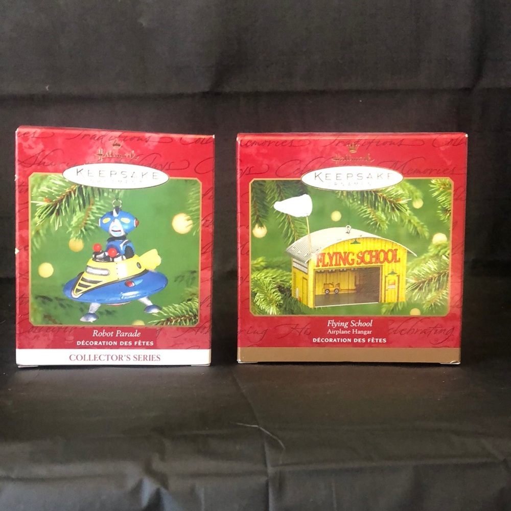 Flying school & Robot parade - rare tin metal Hallmark ornaments New in boxes